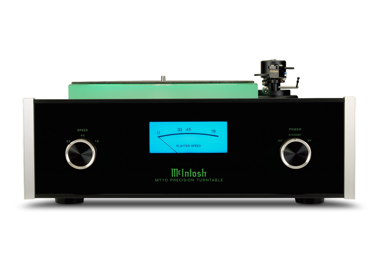 Platine vinyle McIntosh MT-10 avec façade en verre et vumètre de vitesse bleu